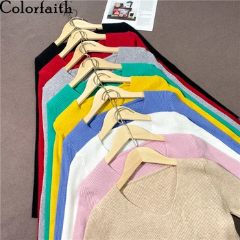 Colorfaith Ne'w 2021 Zimo Pomlad ženski Puloverji Puloverju Proti-Vrat Minimalističen Dno Roza Vrhovi Multi Barve SW1053 - 