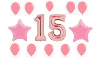 Zlato baloni rosa15/51 rojstni dan/obletnica veliko 14 roza balone 2 številki 100 cm 2 zvezde 45 cm in 10 latex balonov, - 