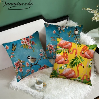 Fuwatacchi Plum Blossom zapnite Flamingo Ptic Češnja Blazino Kritje za Dom Stol, Kavč Dekoracijo Rumena Pillowcases Darilo - 