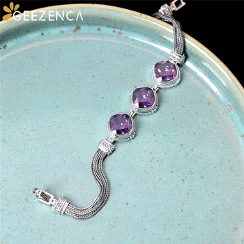 S925 Srebro, Diamant-Vijolično oblike Zircons Multi-verige Zapestnica Za Ženske Tajski Srebro Letnik Trendy Bangle Zapestnice Fine Dragulj - 