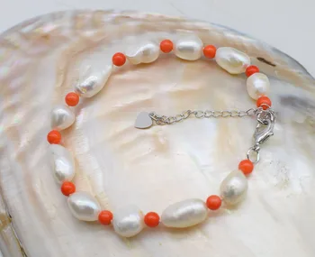 Wow! sladkovodne pearl beli barok 9-13mm koral oranžna krog zapestnica 7.5 palec debelo biseri narave FPPJ - 