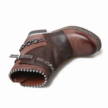 Prova Perfetto retro slogu pravega usnja gleženj škornji ženske zakovice noge udobje nizke pete zimske čevlje kovinski dekor punk stil boot - 