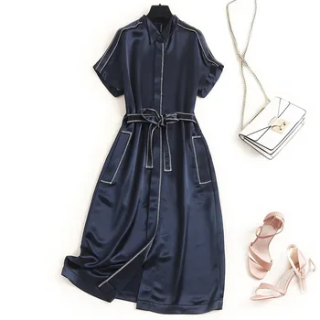 Ženske kratke rokav poletje obleko 2020 barvo vezenje skladu sashes elegantna urad dama majica obleke mornarsko modra - 