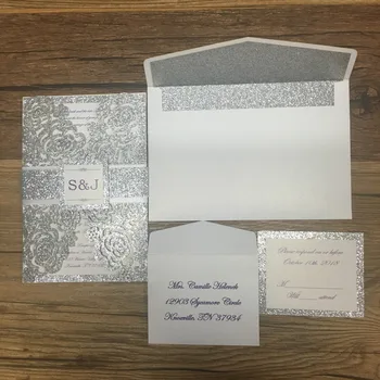 Razkošno laser cut bleščice srebrni papir 3d vabila za poroko prilagodite tiskanje s standardno sredstev - 