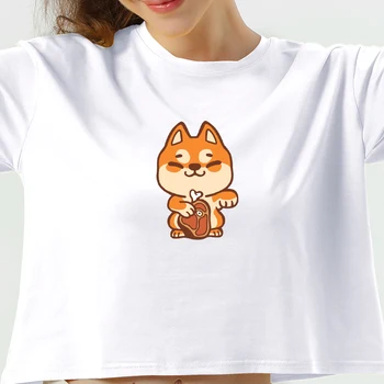 Risanka Srčkan Shiba Inu T Shirt Smešno Poletje korejske Modne Ženske T-shirt Oblačila Kratek Rokav Obreži Zgoraj Ulzzang Priložnostne Tshirt - 