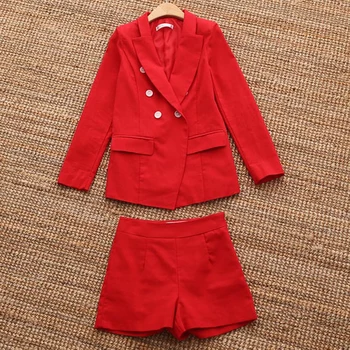 Pomlad jesen womens hlače obleke komplet 2 kosov novih rdeče hlače obleka ženska Blazerji bo ustrezala priložnostne obleko, jakno in hlače dva-delni Set - 