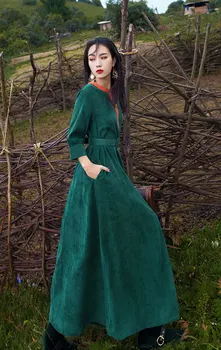 Ženske Čiste Barve Dolgo Maxi Velvet Obleko Retro Mori Dekle Gothic Pomlad Obleko Hipi Boho Ženski Priložnostne Edinstveno Bombaž Obleko Robe - 