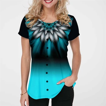 Ženske Priložnostne Kratke Majice T 2020 Plus Velikost S-2XL Gradient Barvno Tiskanje Poletje T Shirt O-Vratu Gumb Tees Vrh Ohlapne Srajce Femme - 