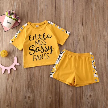 2PCS Baby Toddler Otroci, Dekleta Obleke, Kompleti Pismo Tiskanja Cvetovi Kratek Rokav Vrhovi T-shirt+Kratke Hlače Obleko Set - 