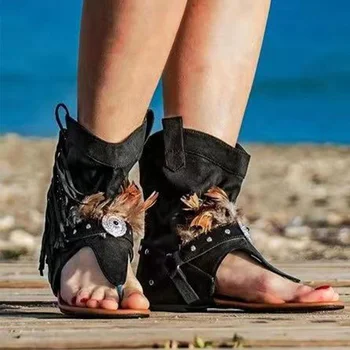 Poletje Žensk Tassel Sandali Posnetek Toe Ženske Pero Flip Flops Priložnostne Čevlji Za Ženske Rimu Ženski Copati Ženske Sandali - 