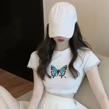 Korejski Ženske T-Shirt Kratek Rokav Sladko Metulj Natisnjeni O-Vratu Obreži Zgoraj Kontrast Barve Ruffles Bodycon Ulične - 