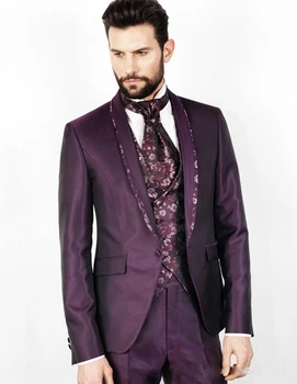 Obleko Moških Vijolična Eleganca Moških Opremljena Tuxedos Tiskanja Šal River Priložnostne Maturantski Ženina Tuxedos Za Poroko (Suknjič+Hlače+Telovnik) - 