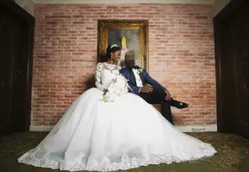 Afriške Dolge Rokave Poročne Obleke Čipke Aplicirano Poročne Žogo Halje Velikosti Po Meri 2020 Poročne Obleke - 