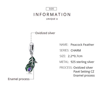Resnično 925 čistega srebra srčkan živali Pav Zeleno Pero Čar Kroglice kovinski nakit srebrno zapestnico DIY proizvodnje - 