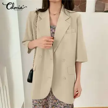 Celmia korejskem Slogu Žensk Coats 2021 Moda Blazerji Priložnostne Dvojno Zapenjanje Jopiči Trdna 3/4 Rokav Svoboden Urad Formalnih Obleke - 