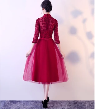 Romantični kratek sweet 16 sleeved vino rdeče visoko vratu til ženska čaj dolžina stranka obleko korzet žogo obleke družico obleke 2020 - 