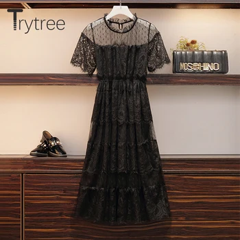 Trytree 2020 Poletje Ženske obleke, Casual O-vratu A-line Čipke Mozaik Očesa Temperament Črna Moda Kolena-Dolžina Urad Dama Obleko - 