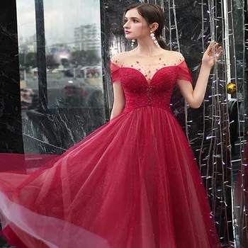 Seksi Rdeče Gradient Prom Obleke 2020 Long-line Off Ramenski Beading Elegantno Obleko Obleke vestidos velikosti po meri LE40780 - 