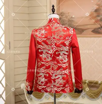 Kitajski stil modni slim masculino zadnji plašč modelov mariage ženina poročna oblačila za moške jopič fantje maturantski tunika obleke Rdeča - 