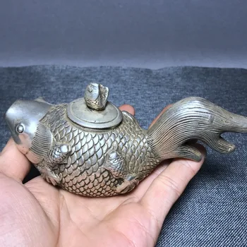 Antični bronasti antično bronasto ware zbirka srebrna bela bakra in zlata ribica čajnik kungfu čaj nastavite bronasto ware. - 