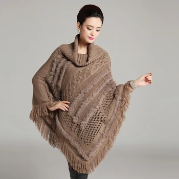 Jeseni, pozimi novo turtleneck tassel pleteni pulover krzno poncho ženske priložnostne moda puloverji in puloverji modna jopica - 