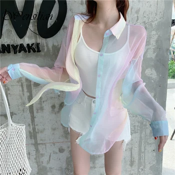 Poletje Kimono Womens Vrhovi in Bluze Plaži Harajuku Srajce Mavrica Svoboden Bluzo Majica Tule Jopico Blusas Mujer De Moda 2020 - 