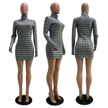 Dvoslojno Vratu Kariran Tiskanja Dolgimi Rokavi Ženske Mini Paket Hip Obleko 2020 Jeseni Mode Ulica Slog Obleke - 