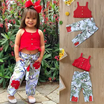 Pudcoco 2019 Novega Malčka Otrok Baby Dekle Oblačila Rdeče barve Traku Crop Tops+Cvet Dolge Hlače Hlače 2pcs Poletje Otroci Obleke Set - 