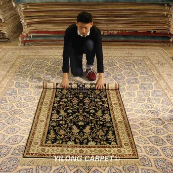YILONG 3'x5' Tabriz svilena preproga lepe črne ročno izdelanih svilenih perzijske preproge (YJH060B) - 