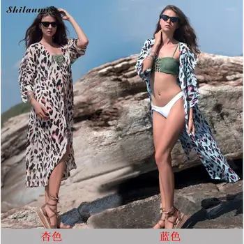 2020 Novo Leopard Plaža Obleko Ženske 3/4 Ruffles Rokav Šifon Plaži Kopalke Boho Poletje Dolge Obleke Za Ženske Seksi Vestidos - 