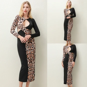 Leopard Ženske Obleke Natisnjeni Dolg Rokav Votlih Iz Sundress Mozaik Seksi Obleka Ženski Ženski Večer Oblačila Princesa Obleko - 