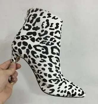 2017 Pomlad nov prihod beli leopard vzorec visoke pete, škornji konjske žime konicami prstov nazaj zadrgo punk čevlji za ženske - 