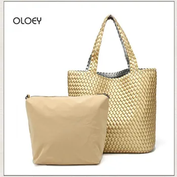 OLOEY Novo žensko torbico dvojna torba PU tkane vrečke dvostranski dveh barvnih dve namen, velike zmogljivosti, vedro vreča - 