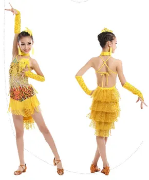 Strokovno Latinski Ples Obleko Za Deklice, Kostume Otroci Oblačila Dvorana Obleke Moda Leotard Bleščica Sequined Tassel Salsa - 