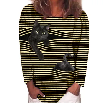 Plus Velikost Ženske Dolg Rokav 3D Živali Natisnjeni O-Vrat Vrhovi Tee T-Shirt Bluzo - 