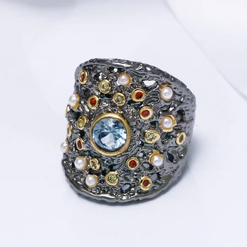 Nov koktajl Najboljšo zabavo velik obroč Črno zlato vintage nakit multi barvo kristalno pearl Starinsko obroči v nakit ugotovitve - 