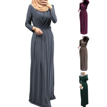 Ženske Muslimanskih Dolg Rokav Abaya Maxi Obleko Križ Ruched Proti-Vrat Obavijen Visoko Pasu Naguban Plašč Ramadana Dubaj Hidžab Tam Kaftan - 