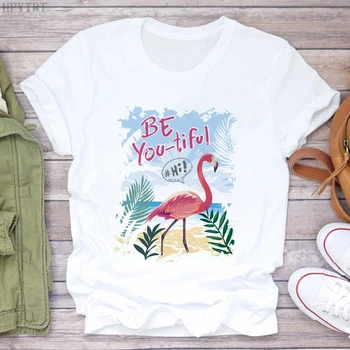 Moda Flamingo Ljubezen Tisk T-shirt Harajuku Ženske velikosti Vrhovi Tshirt Poletje Priložnostne Kratka sleeved Bela majica s kratkimi rokavi Ženske - 