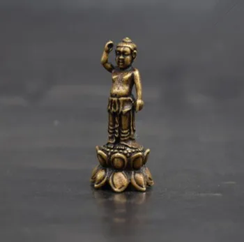 Kitajski čisto medenina Buda Sakyamuni Stojalo lotus majhen kip - 