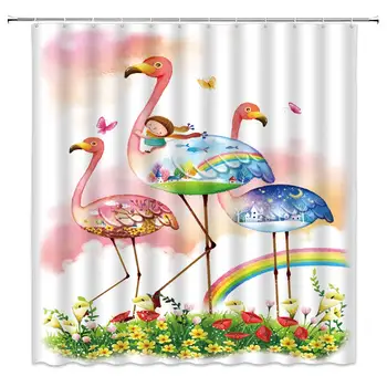 Risanka Flamingo Tuš Zavesa Dekle, ki je Sedel na Ptice Cvet Mavrica Travnik Metulj Pomlad Kulise, Tkanine, Zavese Kopel - 