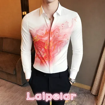Korejski Jopičem Majica Fashion Pomlad Priložnostne Fit Slim Mens Majice Dolg Rokav Digital Print Nočni Klub, Obleko Srajce Socialne Moški - 