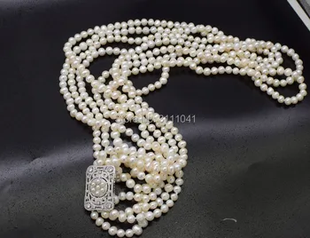 4rows sladkovodnih pearl white bližini krog 7-8 mm dolgo ogrlico 35-40inch FPPJ debelo biseri narave - 