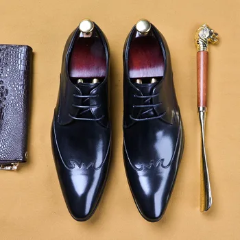 Britanski Stil Rjava Črna Konicami Prstov Poslovno Obleko Poročni Čevlji Pravega Usnja, Oxford Formalni Družbeni Čevlji Za Moške A107 - 