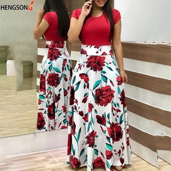 Ženske Modne Cvjetnim Tiskanja Poletni Mozaik Maxi Obleko 2020 Priložnostne Kratek Rokav Vintage Boho Plaži Dolgo Obleko Vestidos - 