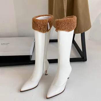 MORAZORA 2020 Pravega Usnja Čevlji Modni Konicami Prstov Visokih Petah Ženske Škornji Pozimi Toplo Kolena Visoki Škornji Črno Bel - 