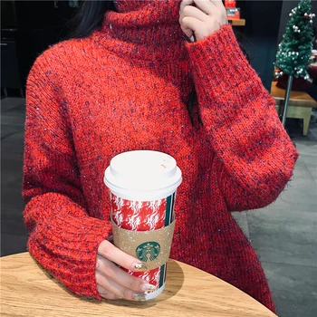 Pulover jeseni in pozimi žensk nov modni divje rdeče turtleneck pulover ženske svoboden dolgo kapuco jopica vrhovi - 