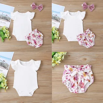 Nov baby dekle kompleti oblačil poletje bela baby dekle romper s cvetličnim krilo +roza trakovi dekle oblačila, ki - 