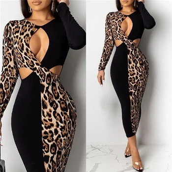 Leopard Ženske Obleke Natisnjeni Dolg Rokav Votlih Iz Sundress Mozaik Seksi Obleka Ženski Ženski Večer Oblačila Princesa Obleko - 