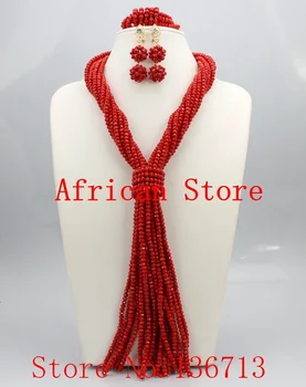 Moda Rdeče Nigerijski Kristalno Kroglice Ogrlico, Zapestnico, Uhane, Določa Afriška Poroko Kroglice Afriške Kroglice Nakit Sklopov R841 - 