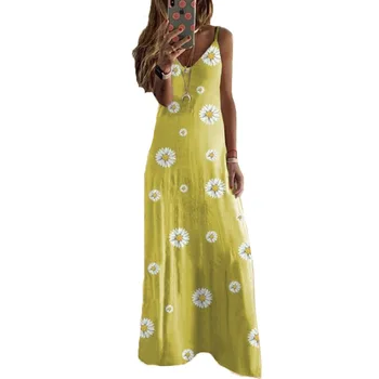 Sexy Womens Dress 2020 Summer Casual Spaghetti Strap V-neck Loose Maix Long Dress Fashion Boho Print Party Dresses Plus Size 5XL - 